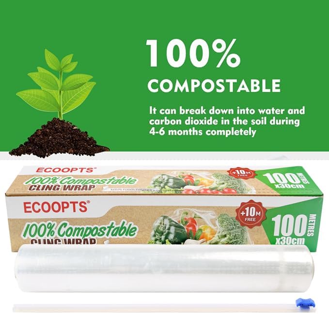 ECOOPTS 100% Compostable Plastic Cling Wrap Dispenser With Slide Cutter 12 inch Food Service Cling Film Wrap Roll - 12" x 360 Ft ECO friendly Food Wrap(The Slide Cutter stored in The Inner core of The roll) - Image 2
